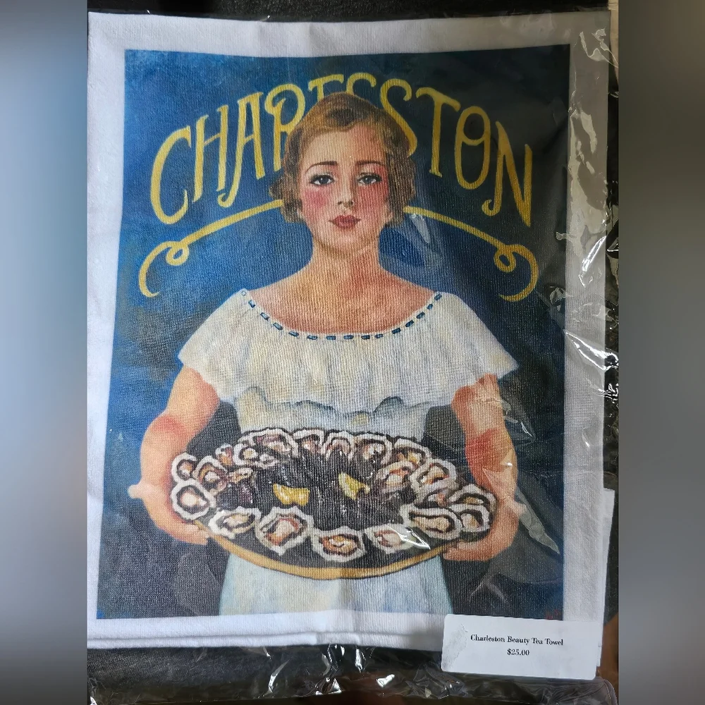 Charleston SC Beauty Oyster Serving Art Tea Towel Souvenir Dining Decor Southern